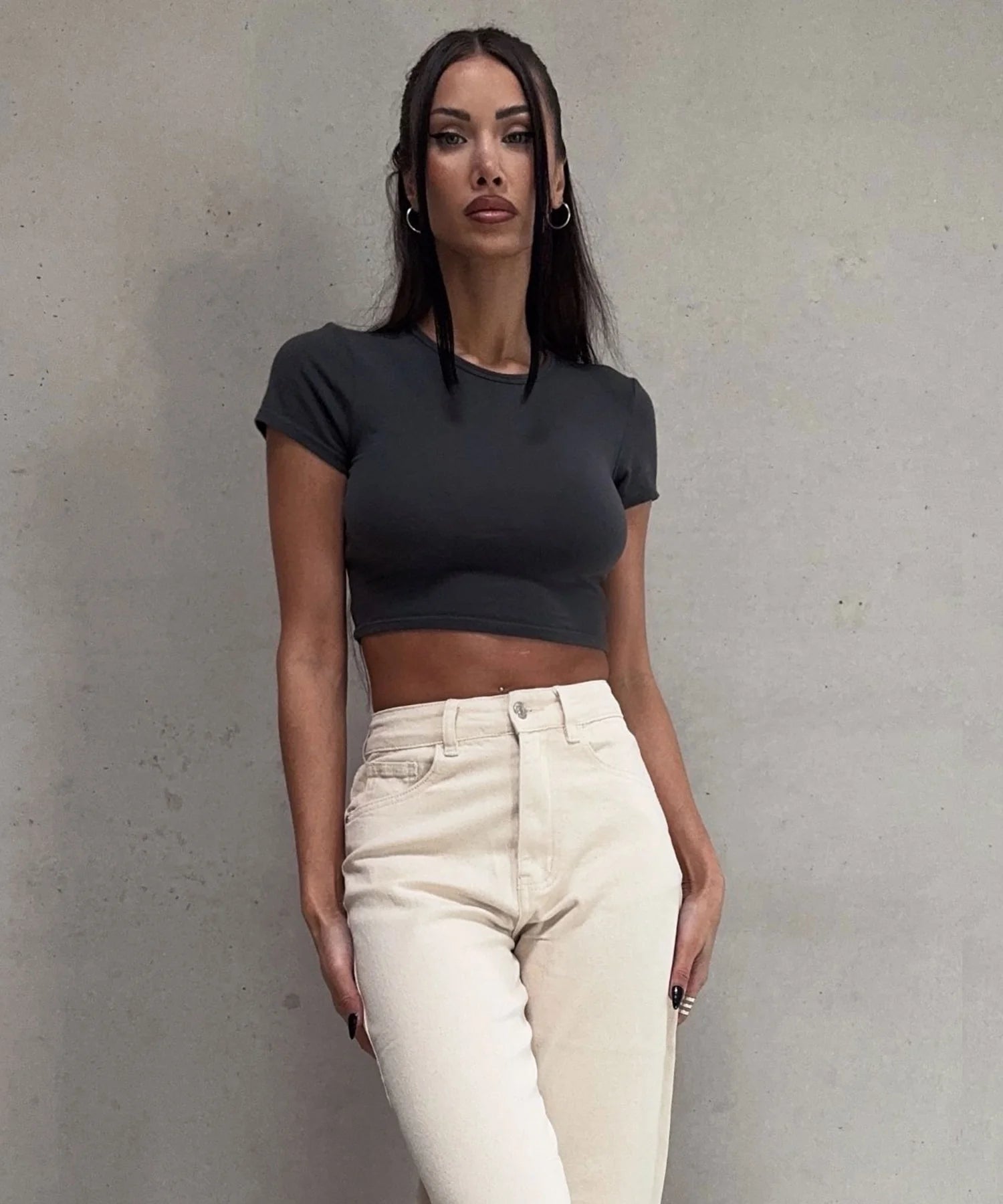 Stretch Wide Leg Jeans Beige