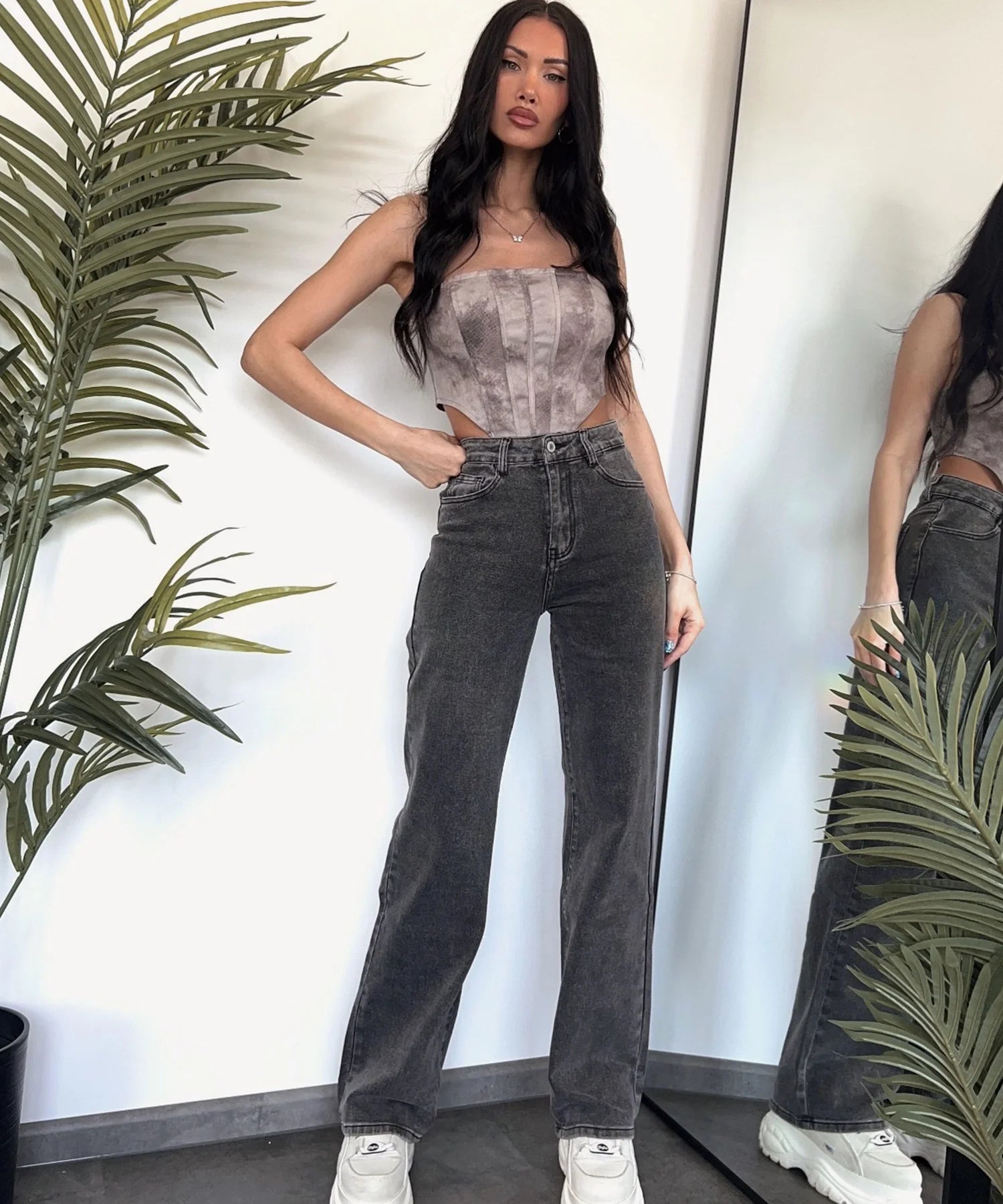 Stretch Wide Leg Jeans Mid Grau