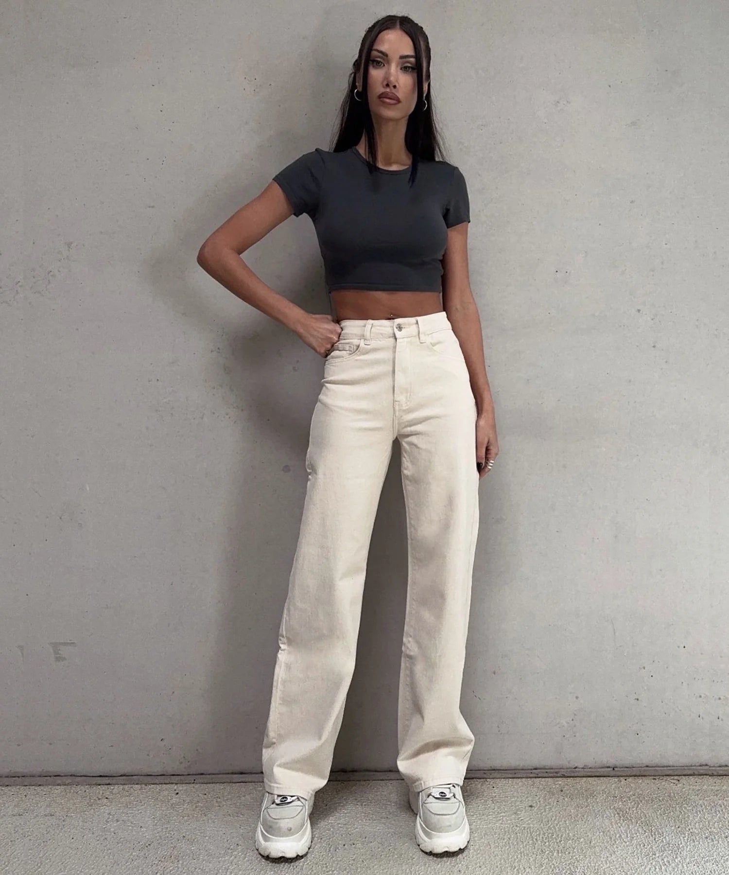 Stretch Wide Leg Jeans Beige