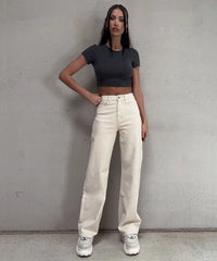 Stretch Wide Leg Jeans Beige