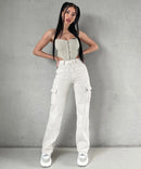 Stretch Wide Leg Jeans Cargo Beige