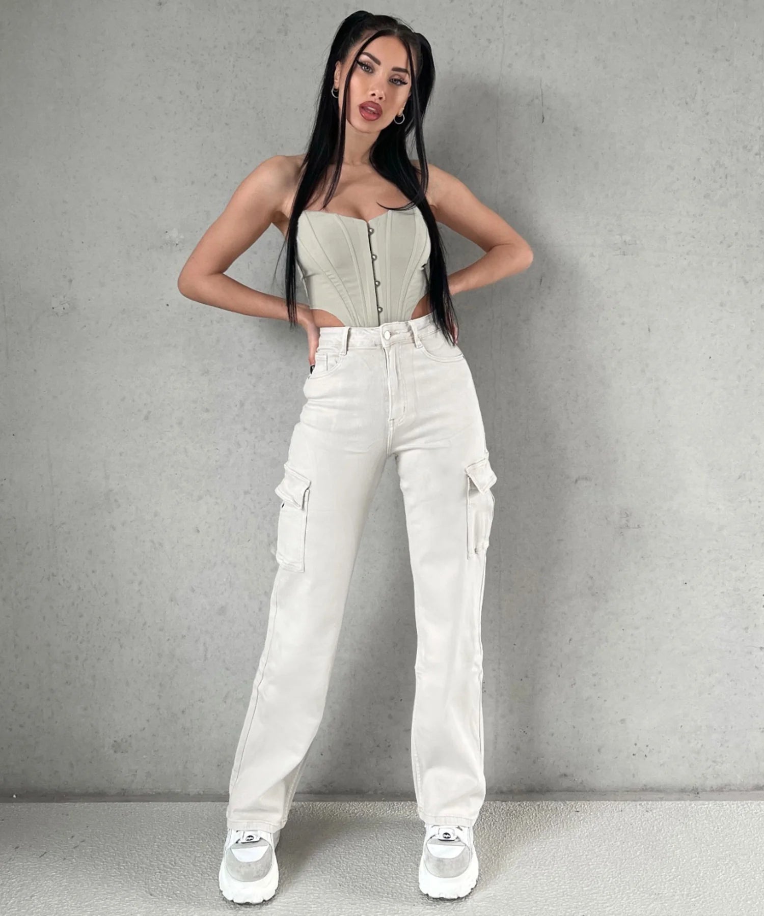 Stretch Wide Leg Jeans Cargo Beige