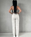 Stretch Wide Leg Jeans Cargo Beige