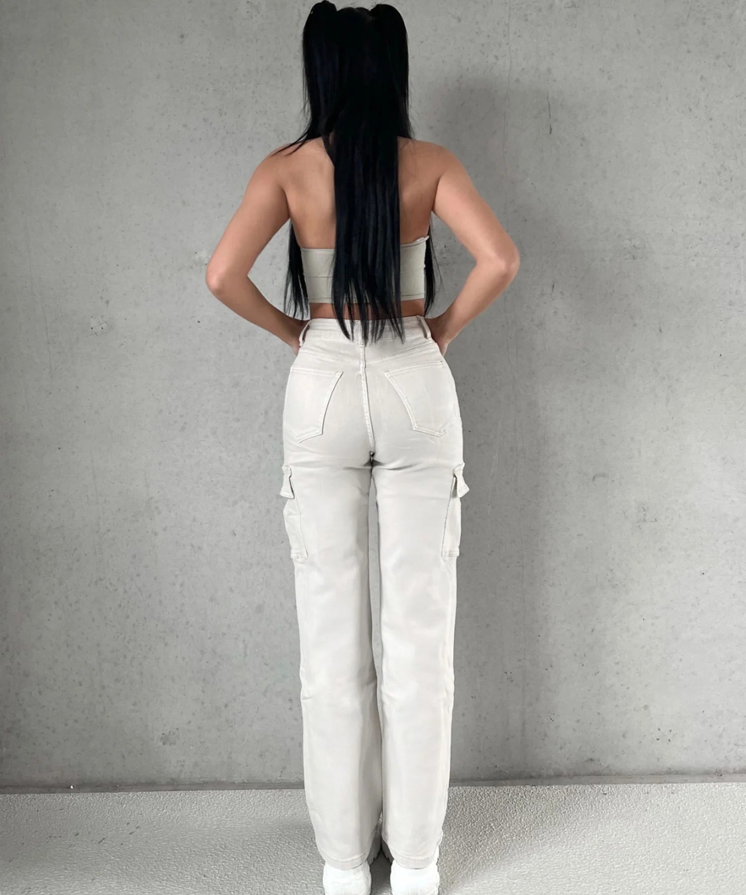 Stretch Wide Leg Jeans Cargo Beige
