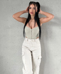 Stretch Wide Leg Jeans Cargo Beige