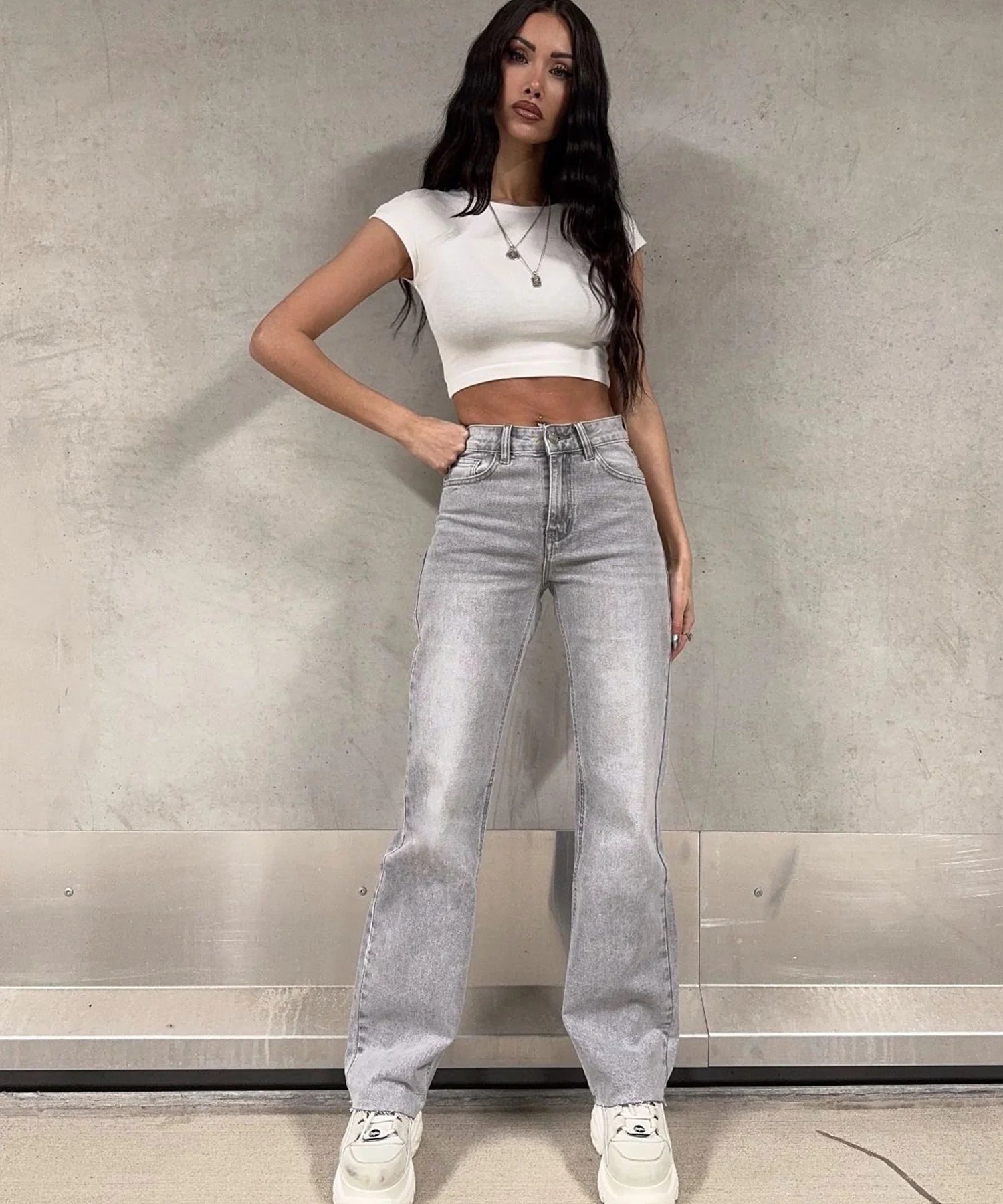Stretch Wide Leg Jeans hellgrau