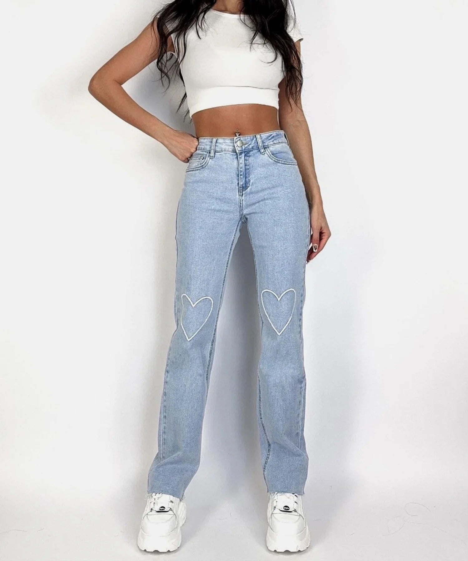 Stretch Wide Leg Jeans Herzen Blau