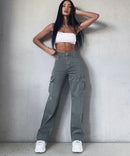 Stretch Wide Leg Jeans Cargo Kahki