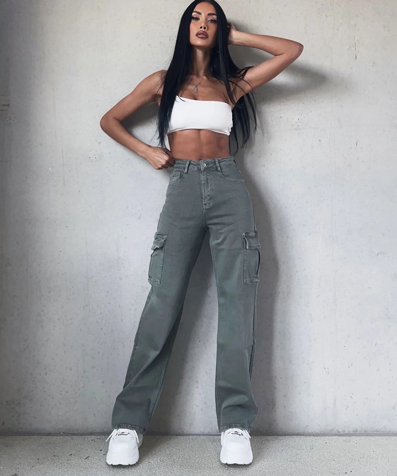 Stretch Wide Leg Jeans Cargo Kahki
