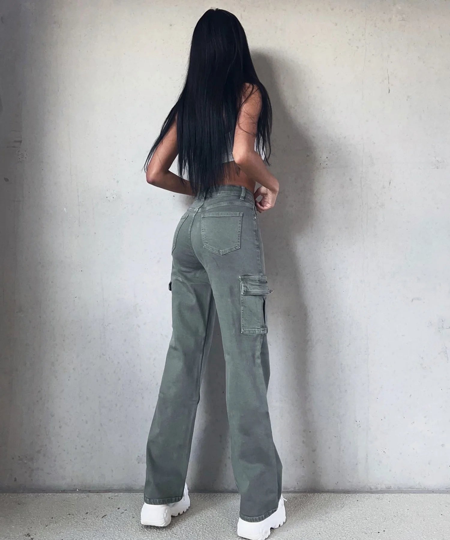 Stretch Wide Leg Jeans Cargo Kahki