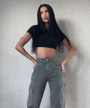 Stretch Wide Leg Jeans Cargo Kahki