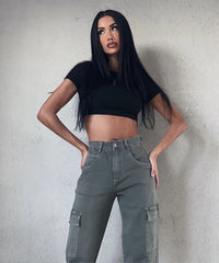 Stretch Wide Leg Jeans Cargo Kahki